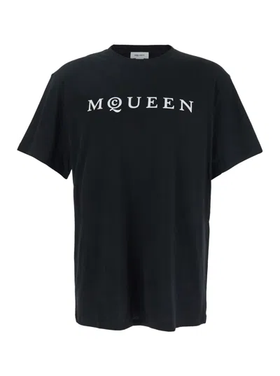 Alexander Mcqueen Black Crewneck T-shirt With Logo Print On The Front In Cotton Man