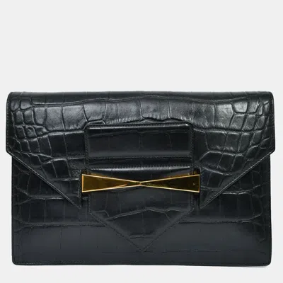 Pre-owned Alexander Mcqueen Black Croc Effect Leather Envelope Clutch