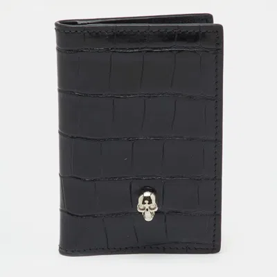 Pre-owned Alexander Mcqueen Black Croc Embossed Leather Skull Bifold Card Case