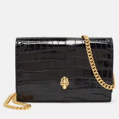 Pre-owned Alexander Mcqueen Black Croc Embossed Leather Skull Chain Clutch