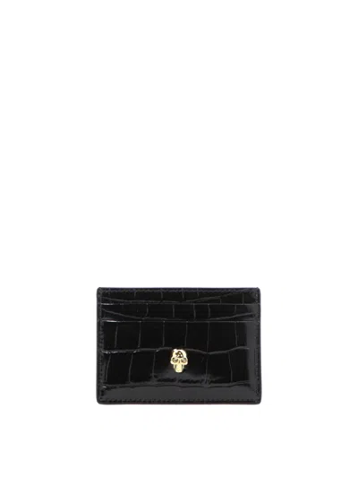ALEXANDER MCQUEEN BLACK CROC LEATHER CARD HOLDER WITH GOLD SKULL DETAIL