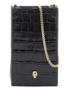 ALEXANDER MCQUEEN BLACK CROCO-EFFECT LEATHER PHONE HOLDER WITH ICONIC SKULL DETAIL