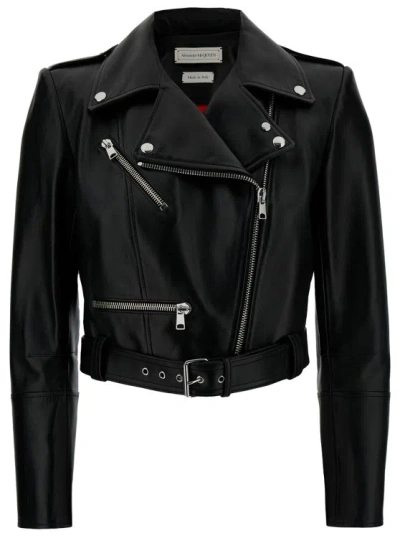 Alexander Mcqueen Black Cropped Biker Jacker With Matching Belt In Smooth Leather