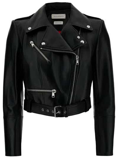 ALEXANDER MCQUEEN BLACK CROPPED BIKER JACKER WITH MATCHING BELT IN SMOOTH LEATHER WOMAN
