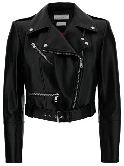 Alexander Mcqueen Black Cropped Biker Jacker With Matching Belt In Smooth Leather Woman In Multicolor