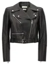 Alexander Mcqueen Black Cropped Biker Jacker With Matching Belt In Smooth Leather Woman In Black