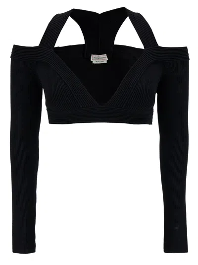 Alexander Mcqueen Black Cropped Top With Shoulders Cut-out In Stretch Viscose Blend Woman In Multicolor