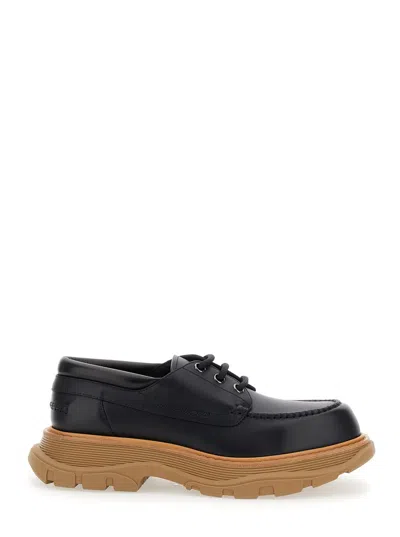 Alexander Mcqueen Black Derby Shoes With Engraved Logo And Platform In Leather Man In Black Beige