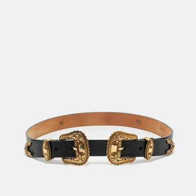 Pre-owned Alexander Mcqueen Black Embossed Leather Double Buckle Belt 75cm