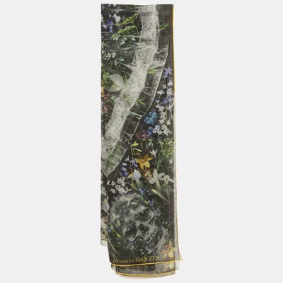 Pre-owned Alexander Mcqueen Black Floral Print Silk Square Scarf