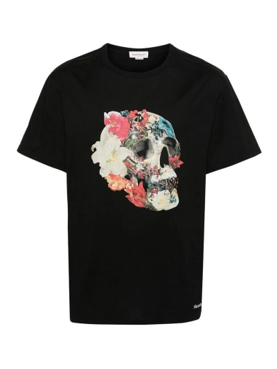 Alexander Mcqueen Black Floral Skull Print  T-shirt
