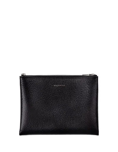 Alexander Mcqueen Black Hammered Leather Clutch Bag With Logo