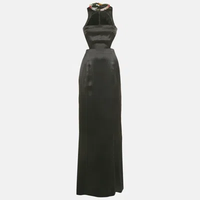 Pre-owned Alexander Mcqueen Black Jeweled Neck Satin Cut-out Maxi Dress S