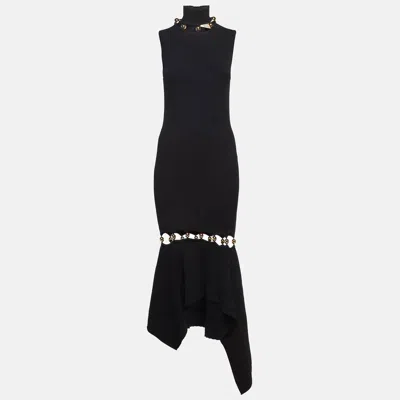 Pre-owned Alexander Mcqueen Black Knit Bead Detail Asymmetrical Dress S