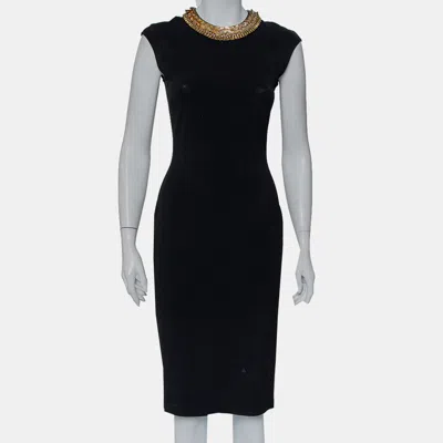 Pre-owned Alexander Mcqueen Black Knit Embellished Neck Detail Sleeveless Sheath Dress M