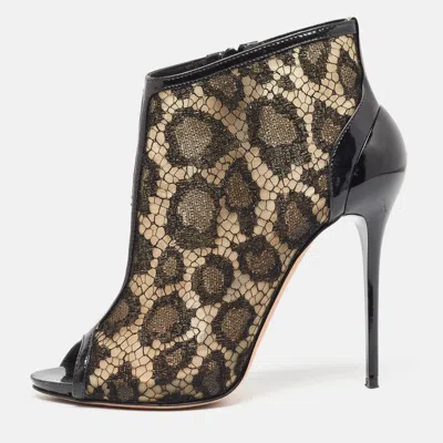 Pre-owned Alexander Mcqueen Black Lace And Patent Open Toe Ankle Booties Size 37