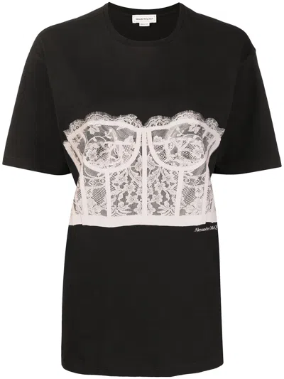 Alexander Mcqueen Black Lace Corset T-shirt For Women | Graphic Print Short Sleeve Top