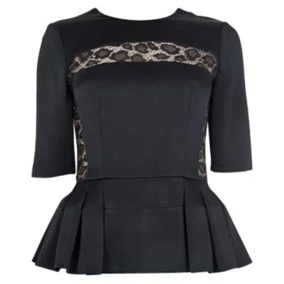 Pre-owned Alexander Mcqueen Black Lace Detail Pleate Peplum Blouse Shirt 40 S