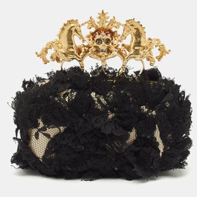 Pre-owned Alexander Mcqueen Black Lace Unicorn & Skull Knuckle Clutch