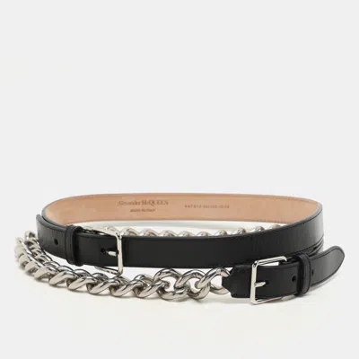 Pre-owned Alexander Mcqueen Black Leather And Chain Skinny Double Waist Belt 70cm