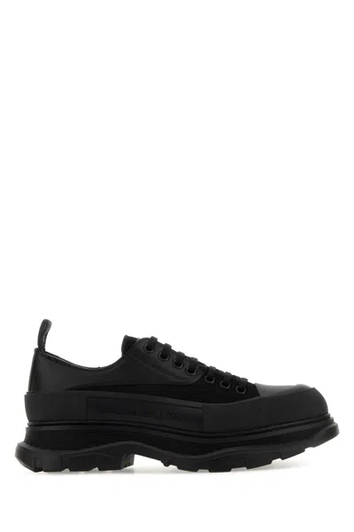 Alexander Mcqueen Black Leather And Fabric Tread Slick Sneakers In Blackof.whitesilve