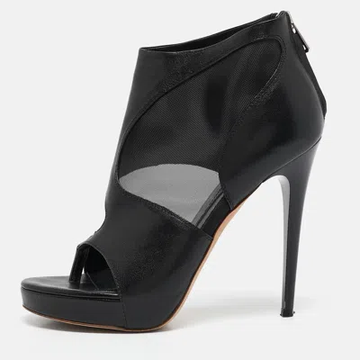 Pre-owned Alexander Mcqueen Black Leather And Mesh Ankle Length Boots Size 37