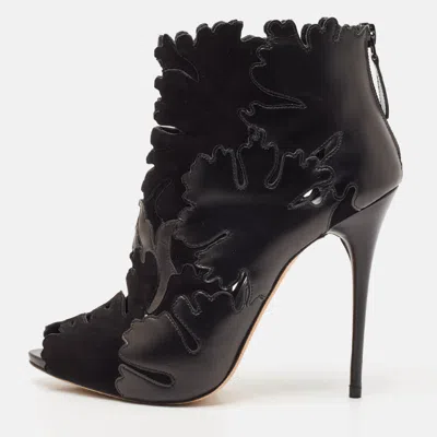 Pre-owned Alexander Mcqueen Black Leather And Suede Ankle Length Boots Size 38