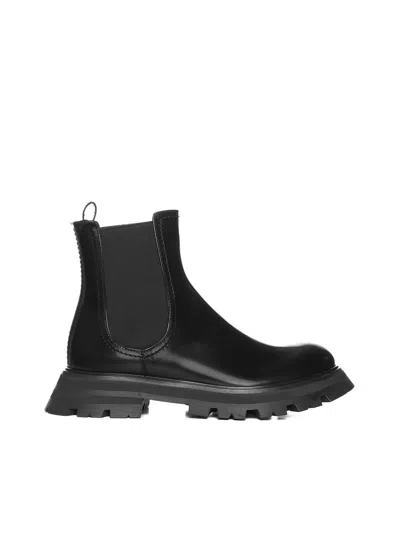 Alexander Mcqueen Black Leather Ankle Boots In Black Black
