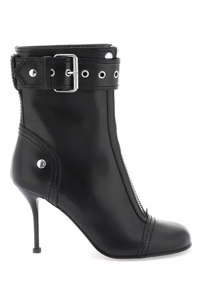 Alexander Mcqueen Black Leather Ankle Boots With Zippered Closure And Adjustable Buckle