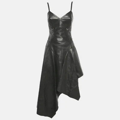 Pre-owned Alexander Mcqueen Black Leather Asymmetric Midi Dress S