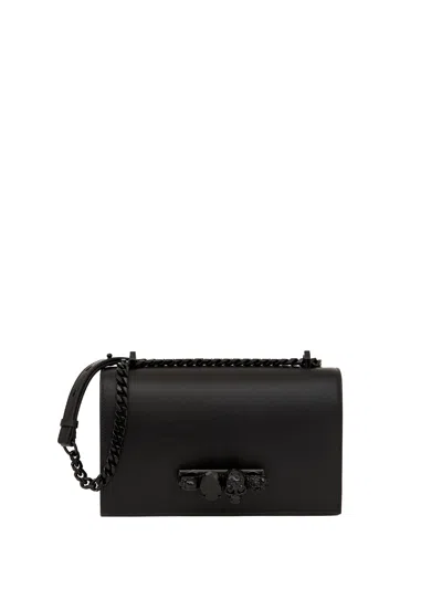 Alexander Mcqueen Crystal Skull Knuckle Leather Satchel In Black