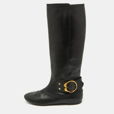 Pre-owned Alexander Mcqueen Black Leather Buckle Detail Knee Length Boots Size 40