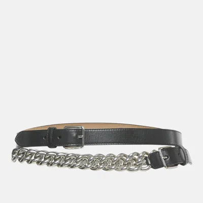 Pre-owned Alexander Mcqueen Black Leather Chain Double Waist Belt 75cm