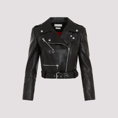 ALEXANDER MCQUEEN BLACK CROPPED LEATHER BIKER JACKET