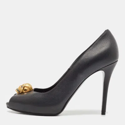 Pre-owned Alexander Mcqueen Black Leather Crystal Embellished Skull Peep-toe Pumps Size 38.5