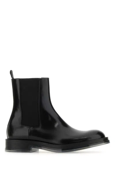 Alexander Mcqueen Black Leather Float Ankle Boots In Blacksilvertranspa