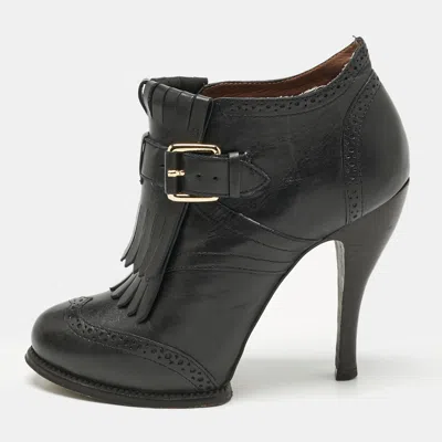 Pre-owned Alexander Mcqueen Black Leather Fringe Ankle Length Boots Size 36