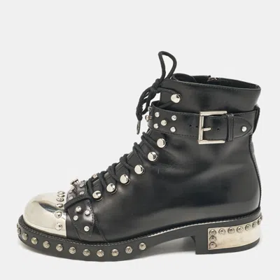 Pre-owned Alexander Mcqueen Black Leather Hobnail Ankle Length Boots Size 38