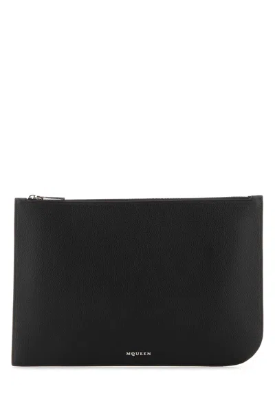 Alexander Mcqueen Black Leather Large Sling Pouch In Blacksilver
