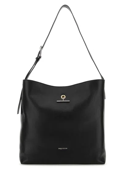 Alexander Mcqueen Black Leather Pendant Shopping Bag In Blacksilver