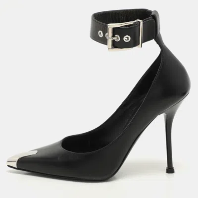 Pre-owned Alexander Mcqueen Black Leather Punk Ankle Strap Pumps Size 36