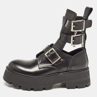 Pre-owned Alexander Mcqueen Black Leather Rave Buckle Ankle Boots Size 37.5