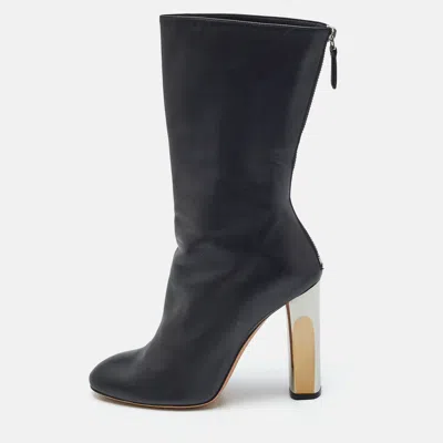 Pre-owned Alexander Mcqueen Black Leather Sculpted Heel Mid Calf Boots Size 37