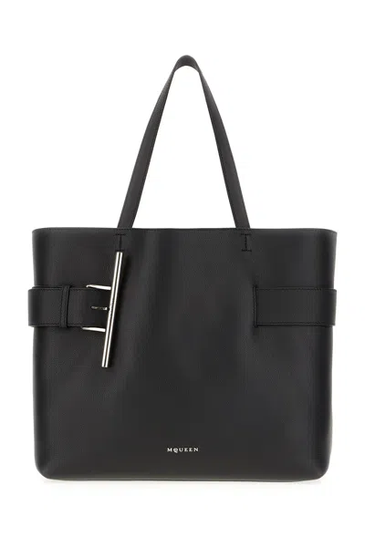 Alexander Mcqueen Black Leather Shopping Bag In Black Silver