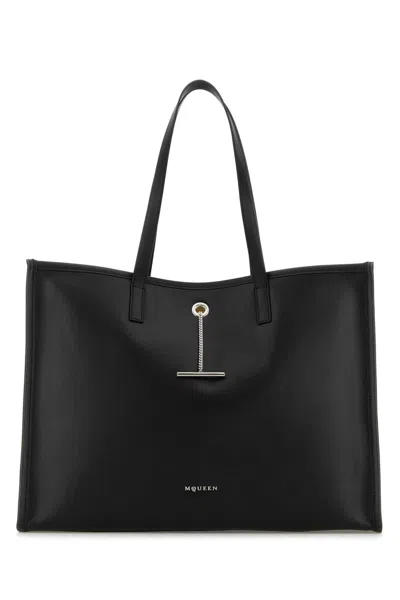 Alexander Mcqueen Black Leather Shopping Bag In Blacksilver