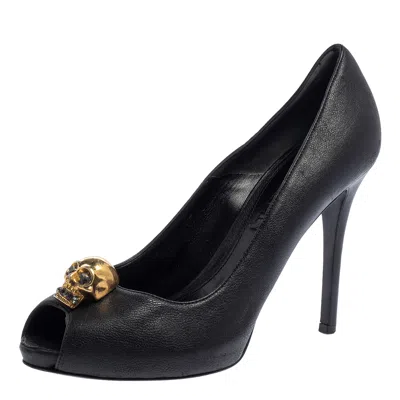 Pre-owned Alexander Mcqueen Black Leather Skull Embellished Peep Toe Pumps Size 37