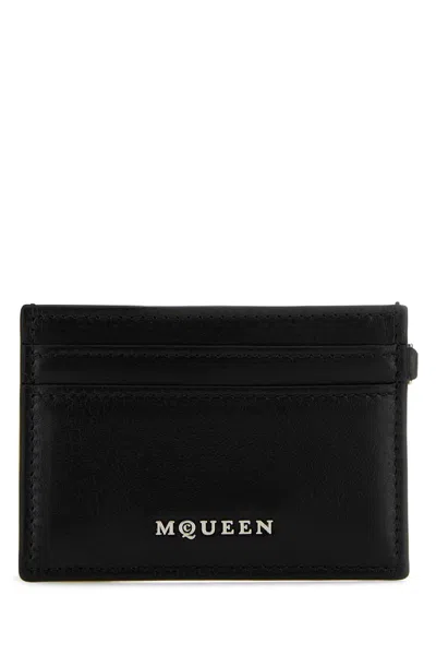 Alexander Mcqueen Black Leather Sling Card Holder In Blacksilver