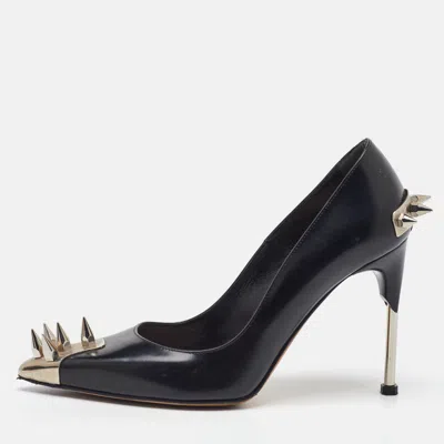 Pre-owned Alexander Mcqueen Black Leather Spike Pointed Toe Pumps Size 36