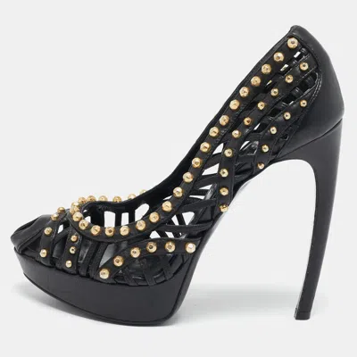 Pre-owned Alexander Mcqueen Black Leather Stud Embellished Peep Toe Pumps Size 37