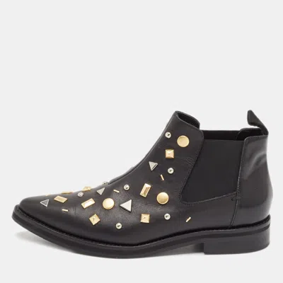 Pre-owned Alexander Mcqueen Black Leather Studded Ankle Length Boots Size 37